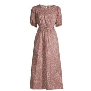 Lush Caramel Abstract Puff Sleeve Cutout Midi Dress Size M NWT 100% Cotton